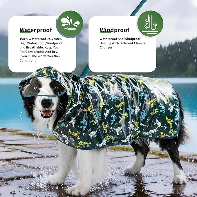Dog Raincoat, Waterproof Windproof Dog Rain Jacket with Hood, Rain Coat with Leash Hole, Adjustable Raincoat Poncho for Small Medium Large Dogs Outdoor (Green, XS+)