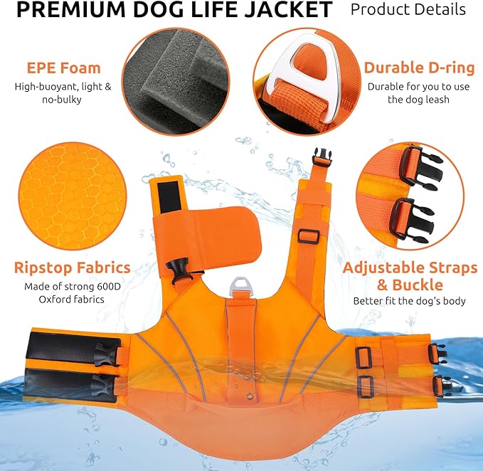 Queenmore Dogs Life Jackets, Dog Life Vest for Swimming Medium, Ripstop Pet Lifesaver with Rescue Handle, Chin Float Dog Life Jacket, Cat Pool Float (Orange,M)
