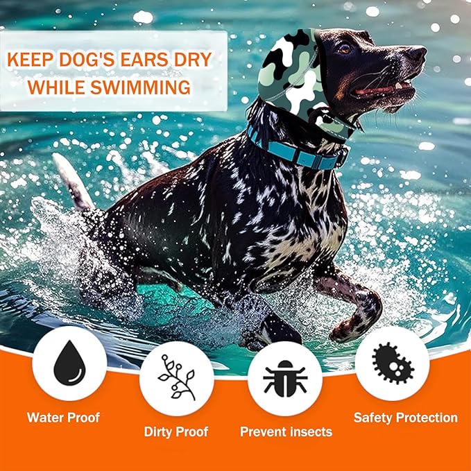 BAMY Swimming Waterproof Dog Ear Caps Calming Large Dog Ears Cover Shower Cap for Ear Protection for Bath for Grooming (Camouflage, M (Head Circumference 14"-19"))