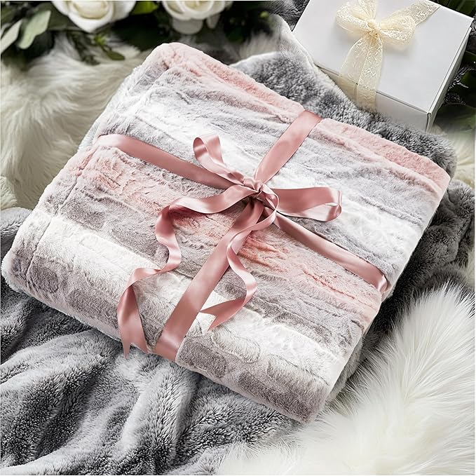 Madison Park Ultra-Soft Poly Fur Blanket, Reversible Plush, All Season & Lightweight Fuzzy Blanket for Bed, Couch & Sofa, Zuri, Twin/Twin XL Blush/Grey