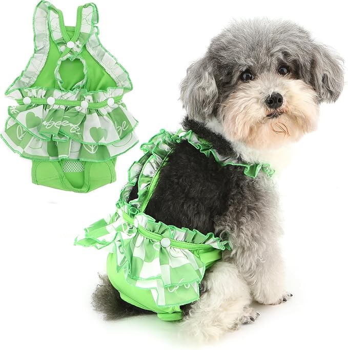 Zunea Washable Female Small Dog Diapers for XS/S Size Dogs Adjustable Suspender Reusable Puppy Sanitary Diaper Pantie Cute Love Print Nappies Skirt for Doggy Chihuahua Yorkie in Heat Green XXL