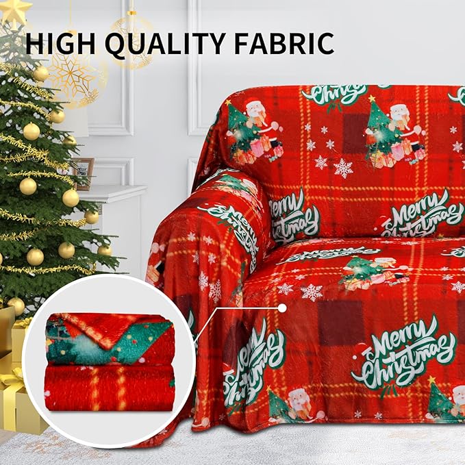 Easy-Going 80X102 inches Merry Christmas Chair Sofa Cover, Jacquard Velvet Couch Slipcover for 1 Cushion Couch, L Shape Sectional Covers for Dogs, Washable Sofa Blanket, Furniture Protector