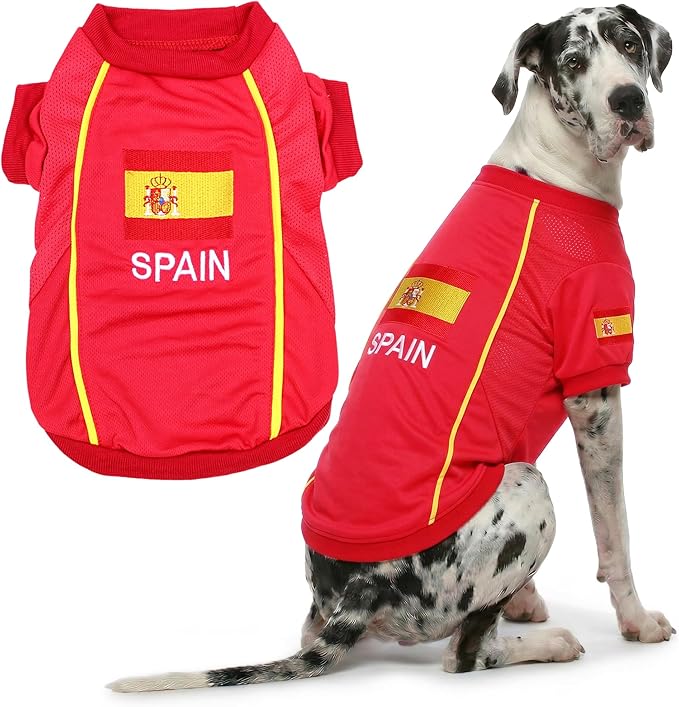 Parisian Spain Dog Jersey - Breathable Mesh Puppy Football Jersey - Lightweight Stretch Sporty Dog Clothes - Summer Shirts for Large Dogs - Soccer Jersey for Dogs - Sportswear Pet Clothes