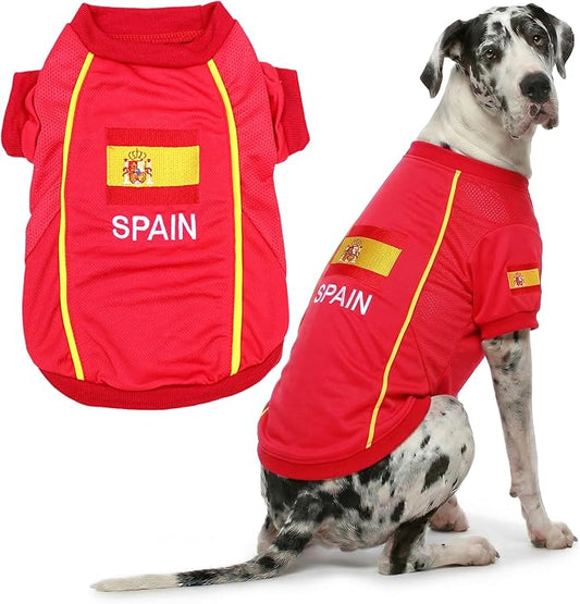 Parisian Spain Dog Jersey - Breathable Mesh Puppy Football Jersey - Lightweight Stretch Sporty Dog Clothes - Summer Shirts for Large Dogs - Soccer Jersey for Dogs - Sportswear Pet Clothes