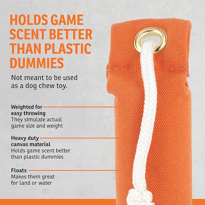 SportDOG Canvas Dummies - Hunting Dog Training Tool - Game Scent Absorber - Water-Ready Bumper - Durable Field Dummy - Weighted Toy - Puppy Size - 2.25" W X 8.5" L - Orange