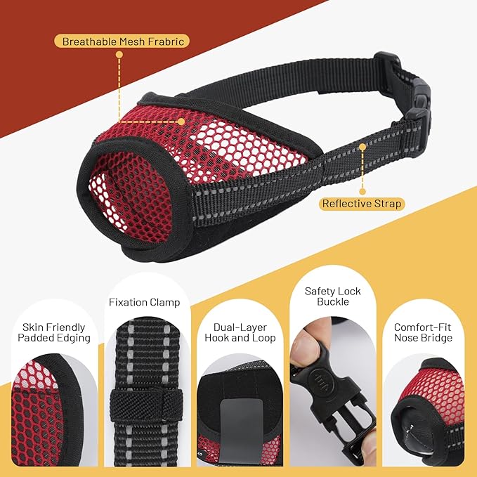 PAWsay 2 Pack Dog Muzzle, Soft Dog Muzzle for Extra Large Sized Dogs Anti Biting Barking Chewing Grooming, Air Mesh Breathable Dogs Mouth Guard Drinkable Adjustable Pet Muzzles, Red XL