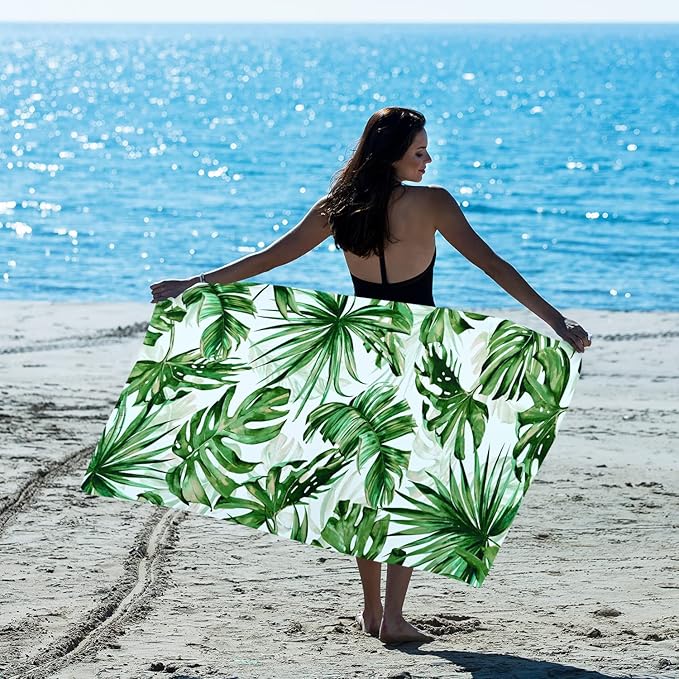 LIVILAN Green Tropical Beach Towel, 30" x 60" Oversized, Microfiber, Thin, Lightweight for Pool, Swim, Bath, Palm Tree Design, Quick Dry, Sand Proof, Ideal Tropical Gifts for Women, Girls