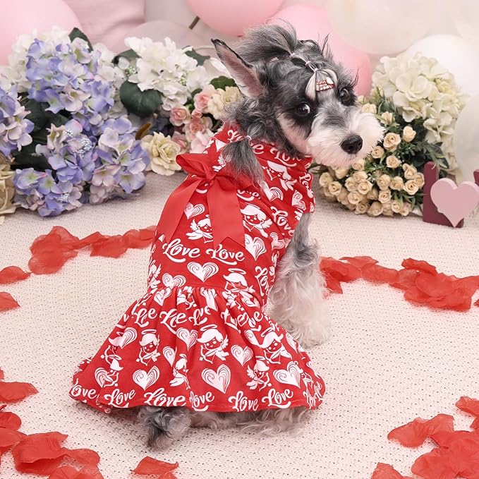 CuteBone Turtleneck Dog Velvet Dress Valentine's Day Puppy Skirt Costume Pet Clothes Cat Apparel with Bow Hair Rope for Small Dogs CVD19L