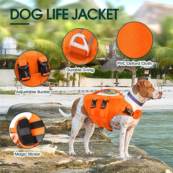 Kuoser Dog Life Jacket XL, High Flotation Dog Water Vest for Swimming Boating, Reflective Doggie Swimming Vest Pet Life Preserver with Rescue Handle, Orange XL