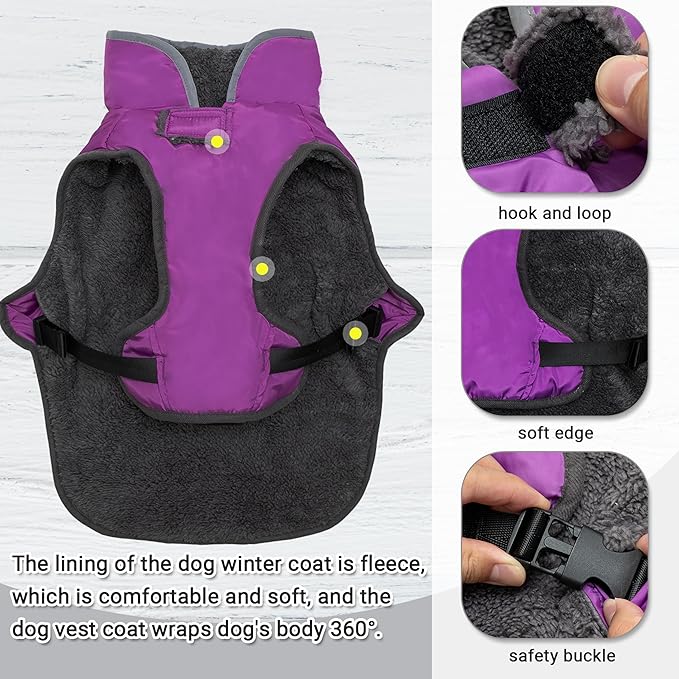 Dog Winter Coat - Warm Dog Clothes for Rain Snow Wind Cold Weather - Reflective Purple Adjustable Windproof Pet Vest Jacket with Leash Hole for Small Medium Large Dogs Indoor Outdoor