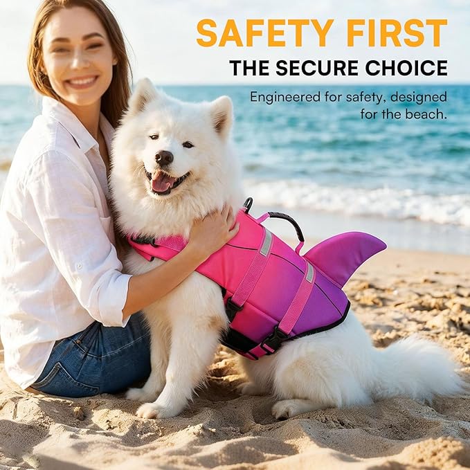 Queenmore Dog Life Jacket High Flotation, Reflective Dog Life Vest for Swimming, Adjustable Dogs Life Preserver Rescue Handle Spring Summer Pool for Small, Medium, Large Dogs (Pink Purple,S)