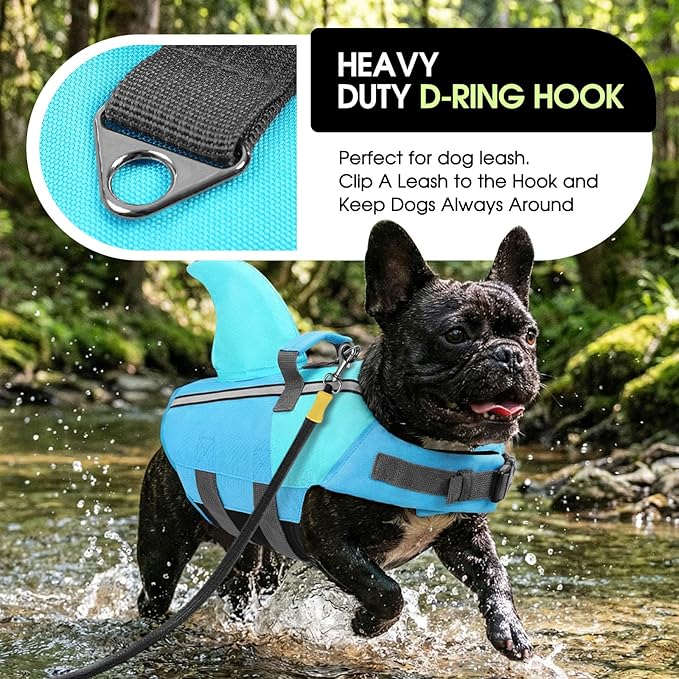 SUNFURA Dog Life Jacket Shark Life Vest for Dogs, Adjustable Swmming Vest with High Buoyancy, Safety Lifesaver with Rescue Handle for French Bulldog Small Medium Breeds, PoolBlue L