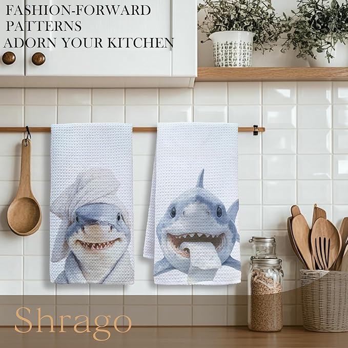 Funny Shark Bathroom Decor Hand Towels, Kids Bathroom Decor, Coastal Ocean Animal Hand Towels for Kids Bath Room Washroom, Gifts for Shark Lovers, 16x24 Inch Set of 2