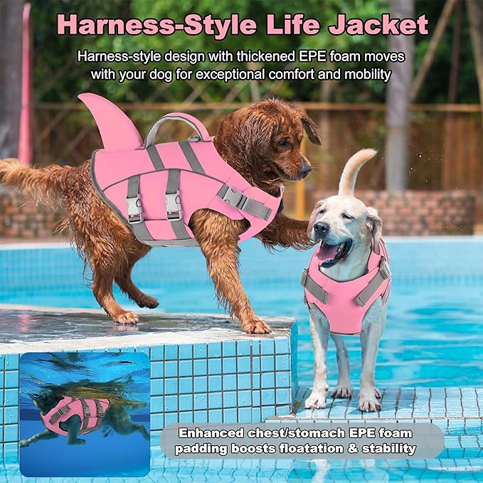 Dogcheer Harness-Style Dog Life Jacket Shark, Reflective American Flag Dog Life Vest for Swimming Boating, High Buoyancy Pet Swim Vest for Small Medium Large Dogs - Light Pink,XS