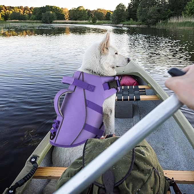 Dogcheer Dog Life Jacket with Double Rescue Handle, Reflective Dog Harness Life Vest for Swimming Boating, Adjustable Pet Swim Vest Dog Flotation Device DFD for Small Medium Large Dogs - Purple L