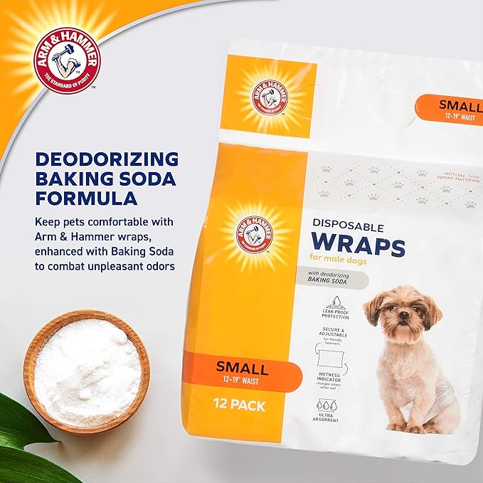 Arm & Hammer Small Male Dog Wraps, Disposable Belly Band Diapers with Baking Soda Odor Control, Super Absorbent Leak Resistant Design for Marking and Incontinence, 12-19 Inch Waist, 12 Count - 6 Pack