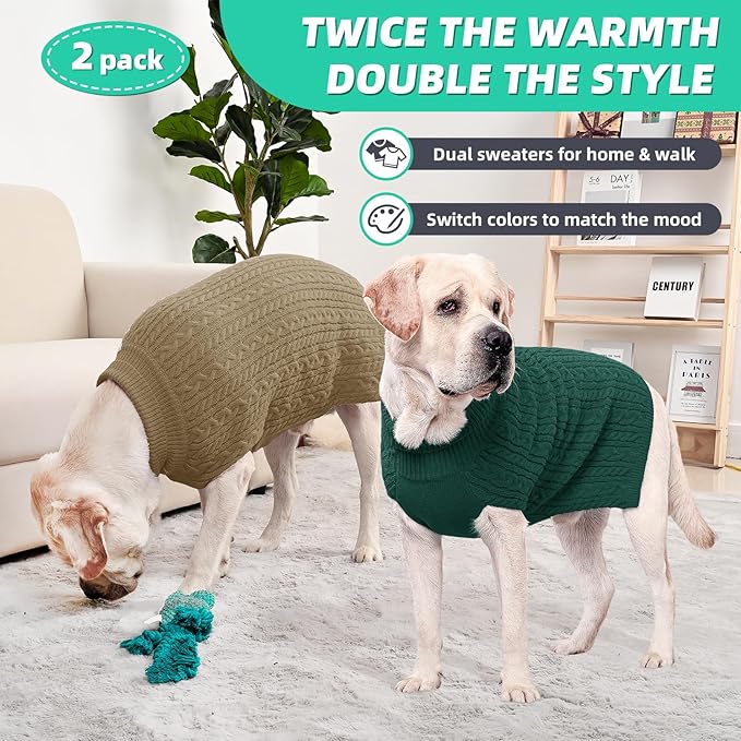 2 Pack Dog Sweaters for Big Dogs Turtleneck Pullover Cable Knit Large Size Stretch Clothes Pitbull Labrador Bulldog Doberman Boy Girl Pets Winter Clothes (XXL, Green & Brown)