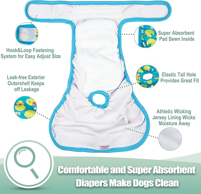 wegreeco Washable Female Dog Diapers Highly Absorbent Reusable Diapers for Dog in Heat Period, 3 Pack (Yellow Ducks, Large)