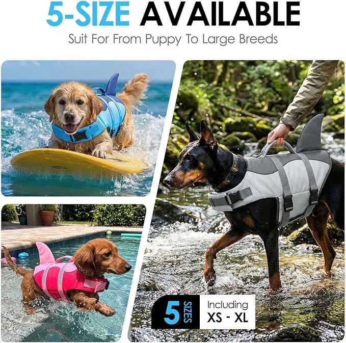 AOFITEE Dog Life Jacket, Shark Dog Life Vest for Swimming Boating, High Flotation Pet Lifesaver with Rescue Handle, Reflective French Bulldog Lifejacket, Swim Vest for Small Medium Large Dogs, M