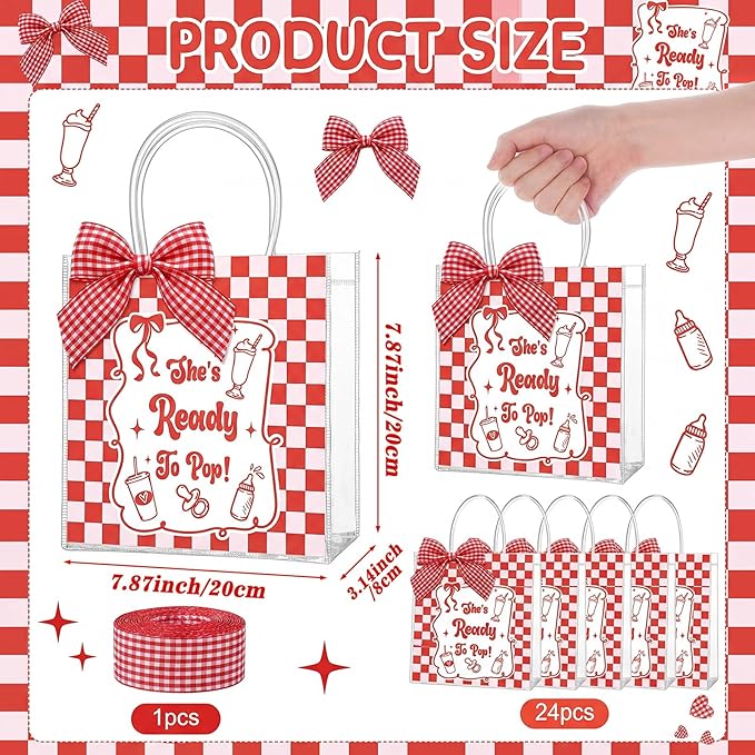 SilTriangle 24 Pcs She's Ready to Pop Baby Shower PVC Gift Bags with Handles Plastic Gift Bags Reusable Coquette Red Gingham Ribbon Tote Bulk Red Soda Gender Reveal Baby Shower Party Decorations