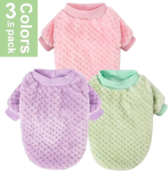 Dog Sweater, 3 Pack Dog Sweaters for Small Medium Dogs or Cat, Warm Soft Flannel Pet Clothes for Dogs Girl or Boy, Dog Shirt Coat Jacket (Small, Pink+Purple+Light Green)