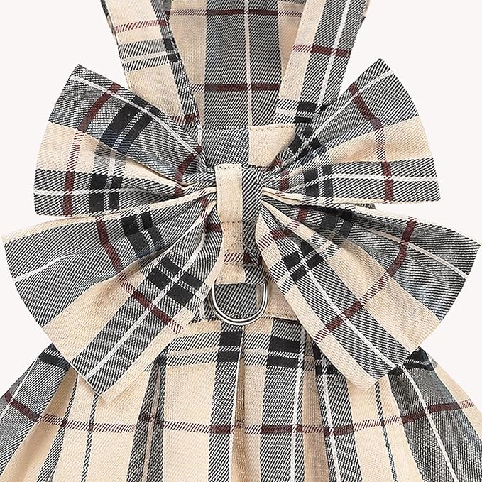 PUPTECK Plaid Dog Dress with Leash - Cute Puppy Harness Clothes for Small Medium Sized Dogs, Outfits for Girl Puppy Wedding Birthday Costume