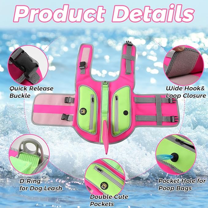 Dog Life Vests for Boating and Swimming, Dog Life Jacket with Shark Fin, Rescue Handle Pet Preserver for Medium Dogs, Neoprene Good Buoyancy Dogs Floating Safety Vest (Rosepink, Medium)