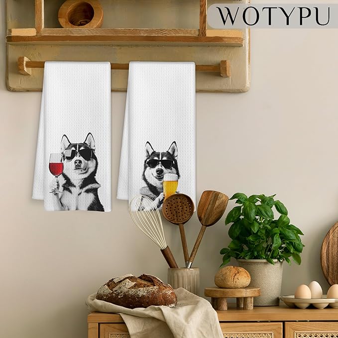 Funny Siberian Husky Kitchen Bar Towels, Gifts for Husky Lovers, Wine Beer Lovers Gifts Decorative Hand Towels for Kitchen Bar Cart Decor, 16x24 Inch Set of 2