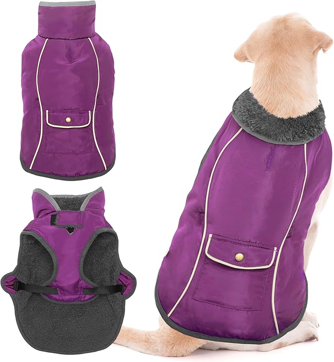 Dog Winter Coat - Warm Dog Clothes for Rain Snow Wind Cold Weather - Reflective Purple Adjustable Windproof Pet Vest Jacket with Leash Hole for Small Medium Large Dogs Indoor Outdoor