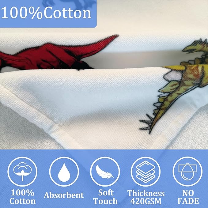 VOOVA & MOVAS Dinosaur Beach Towels with Hood for Teens & Big Kids 8Years Up | Soft, Absorbent 100% Cotton Towel Wrap for Boys | Beach, Pool, Swim & Bath Cover-Up