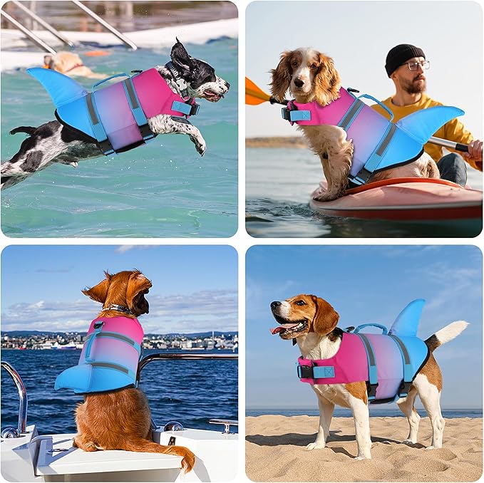 Dogcheer Dog Life Jacket, Cute Shark Dog Life Vest for Swimming Boating with Superior Buoyancy and Rescue Handle, Adjustable Puppy Swim Vest for Small Medium Large Dogs - Gradient Red Blue, L