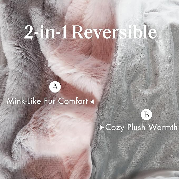 Madison Park Ultra-Soft Poly Fur Blanket, Reversible Plush, All Season & Lightweight Fuzzy Blanket for Bed, Couch & Sofa, Zuri, Twin/Twin XL Blush/Grey