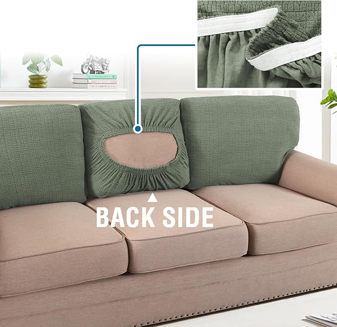 H.VERSAILTEX Jacquard 3 Piece Sofa Cover Set High Stretch Sofa Covers for 3 Cushion Couch Anti-Slip Furniture Protector with Elastic Bottom Soft Thick Fabric Crizzle Pattern(3 Back Covers, Sea Grass)