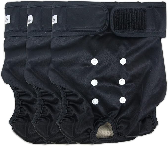 Washable Female Dog Diapers - Premium Reusable Diapers for Doggie in Heat - Highly Absorbent Dog Diapers Female for Pet Incontinence with Adjustable Snaps(Black, S)
