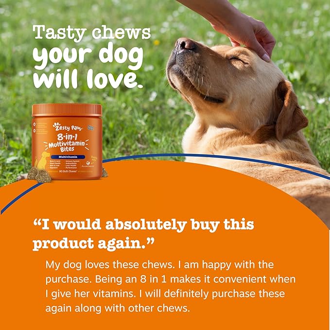 Zesty Paws Dog Multivitamin, Chewable Dog Vitamins and Supplements for Hip & Joints, Skin & Coat, Omega 3 Fish Oil for Dogs- Senior & Puppy Multivitamin- Chicken- 90ct