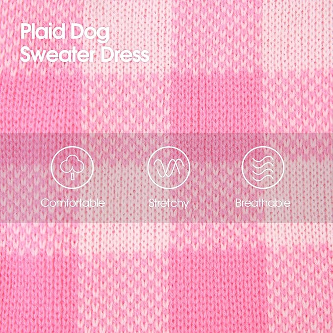 Dog Sweater Dress Plaid Knitwear for Small Medium Dogs Warm Puppy Pet Turtleneck Stretch Pullover Cute Fall Winter Vest Clothes with Leash Hole for Christmas (Pink, XS)