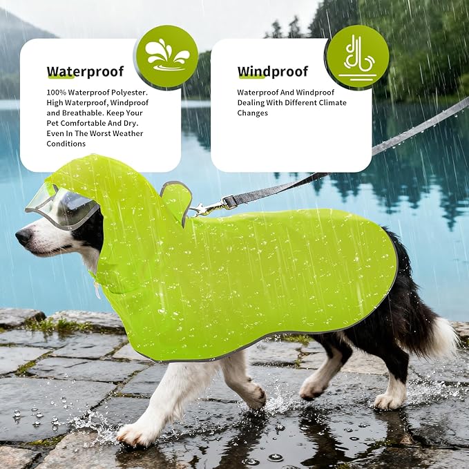 Dog Raincoat, Waterproof Windproof Dog Rain Jacket with Hood, Rain Coat with Leash Hole, Adjustable Raincoat Poncho for Small Medium Large Dogs Outdoor (Neon Yellow, M)