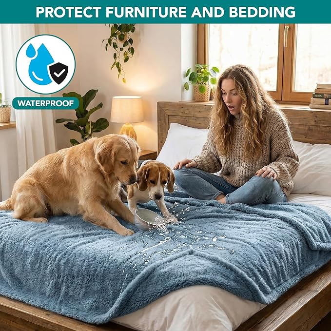 PetAmi Fluffy Waterproof Dog Blanket for Medium Large Dogs, Soft Warm Pet Sherpa Throw Pee Proof Couch Cover, Reversible Cat Bed Blanket Sofa Protector, Plush Washable Pad (Dusty Blue, 40x60)