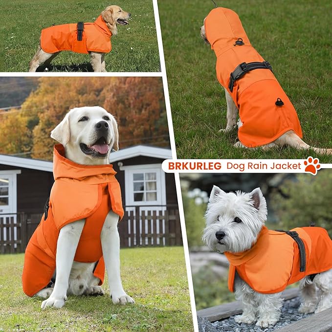 BRKURLEG Dog Raincoat for Small Medium and Large Dogs Waterproof Dog Rain Jacket Adjustable Hooded Dogs Raincoat Pet Rain Coat Poncho with Leash Hole, Reflective Strip, Orange, XXL
