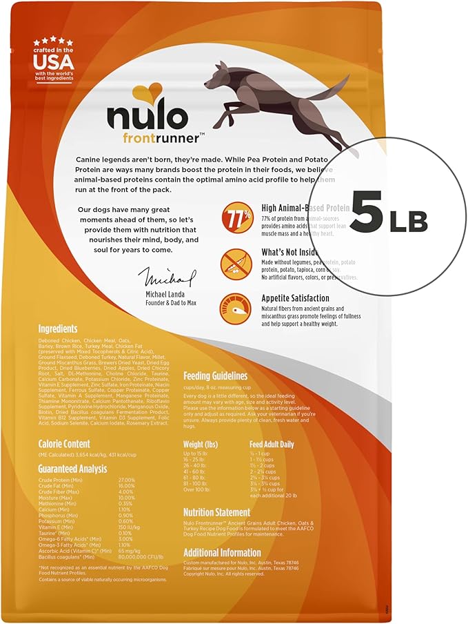 Nulo Frontrunner Dry Dog Food - Adult High-Protein Chicken, Oats & Turkey Recipe, Natural Kibble with Ancient Grains, Probiotics, Taurine, Omega 3 for Small, Medium and Large Breeds, 5lb Bag