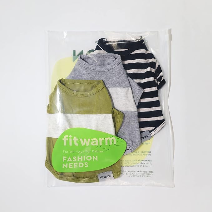 Fitwarm 3 Pack Color Block Striped Dog Shirt, Summer Dog Clothes for Small Dogs, Breathable Lightweight Pet Tshirt with Sleeves, Cat Outfit, Oliver Green, Grey, Black, XL