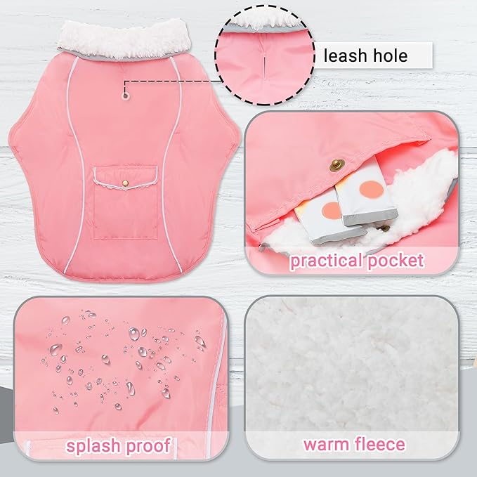 Dog Winter Coat - Warm Dog Clothes for Rain Snow Wind Cold Weather - Reflective Pink Adjustable Waterproof Windproof Pet Vest Jacket with Leash Hole for Small Medium Large Dogs Indoor Outdoor