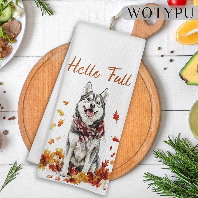 Fall Husky Kitchen Towels, Husky Lover Gifts Dish Tea Towel for Kitchen Decor, Farmhouse Fall Autumn Maple Leaf Dog Hand Towels for Bathroom Decor,16X24 Inch