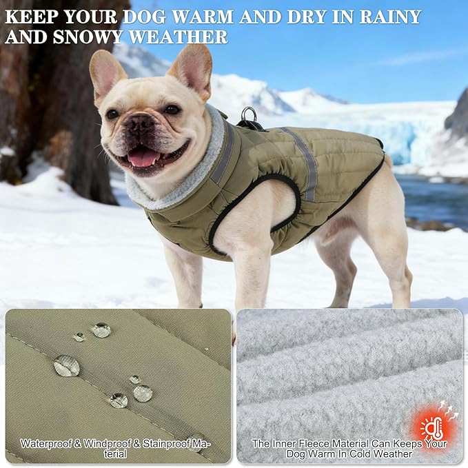 EXPAWLORER Dog Winter Coat Jacket, Thick Warm Waterproof Reflective Puppy Snowsuit with Harness Buit in, Pet Fleece Vest Soft Turtleneck with Zipper Cold Weather for Small Medium Dogs - Green, L