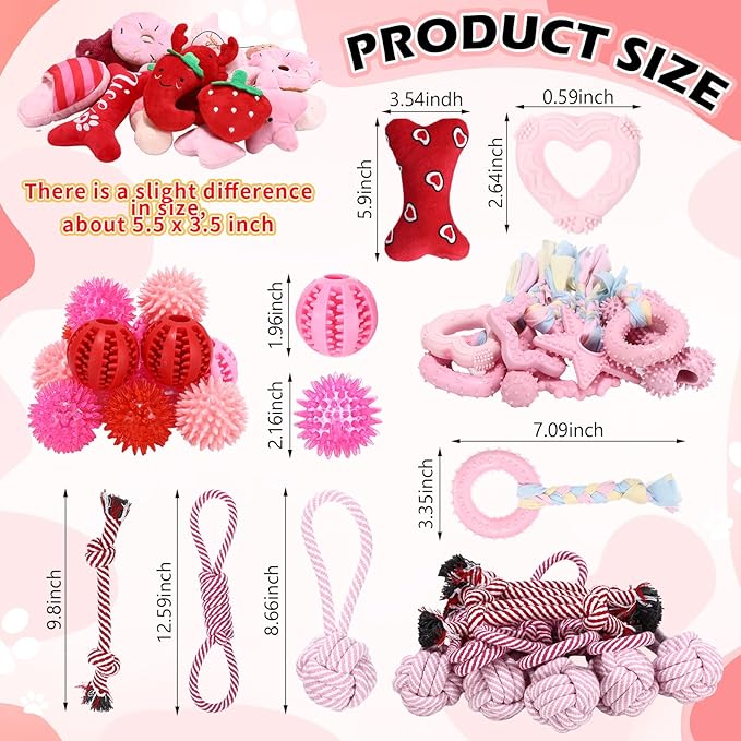 Syhood 60 Pcs Squeaky Dog Toys Bulk Stuffed Plush Chew Toys Puppy Teething Rope Cute Spiky Chew Ball for Small Dog Pet Teething Gift(Pink Style)