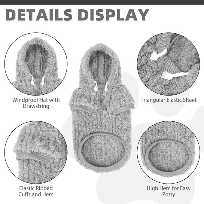 KOOLTAIL Fuzzy Dog Sweater Hoodie for Small Medium Large Dogs, Soft Fleece Pet Clothes Sweatshirt with Leash Hole, Warm Winter Dog Sherpa Jacket Snuggie Cold Weather Coat for Puppy Cats Girl, Grey L