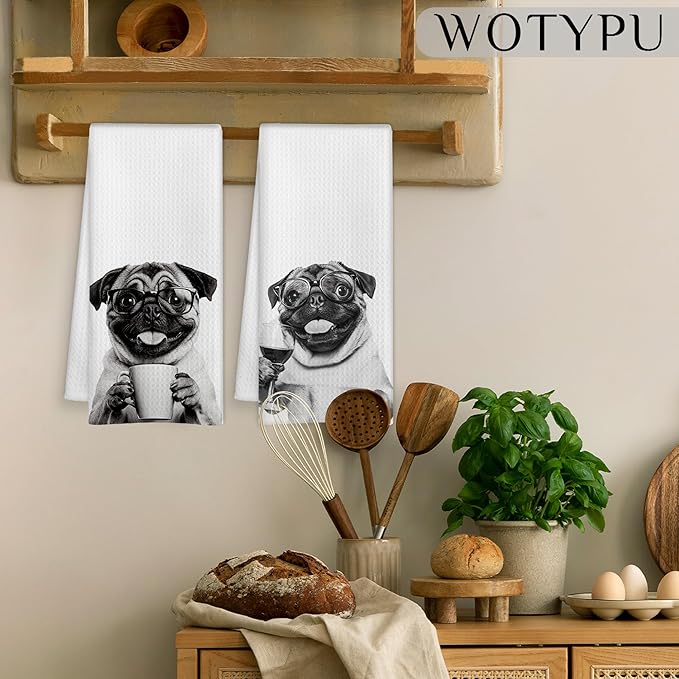 Funny Pug Kitchen Bar Towels, Gifts for Pug Lovers Dish Tea Towel, Wine Coffee Lover Gifts Decorative Hand Towels for Kitchen Bar Cart Decor, 16x24 Inch Set of 2