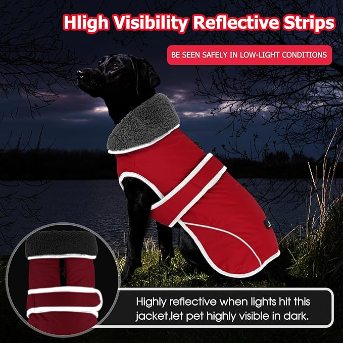 Dogcheer Dog Coat, Waterproof Dog Jacket Reflective Pet Winter Coat with Adjustable Hook & Loop, Christmas Puppy Fleece Jacket Warm Turtleneck Snowsuit for Small Medium Large Dogs - Red, L
