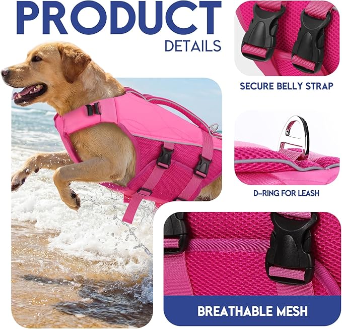 ASENKU Dog Life Jacket, High-Buoyancy Reflective Dog Swimming Vest with Durable Handles for Small/Medium/Large Dogs - Pool, Beach, Boating (Pink, L)