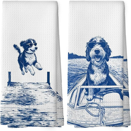 Lake House Decor Bernedoodle Kitchen Towels Set of 2, Summer Funny Lake Dog Coastal Bathroom Hand Towel, Dog Lover Gifts Tea Towel Dish Towels 16x24 Inch
